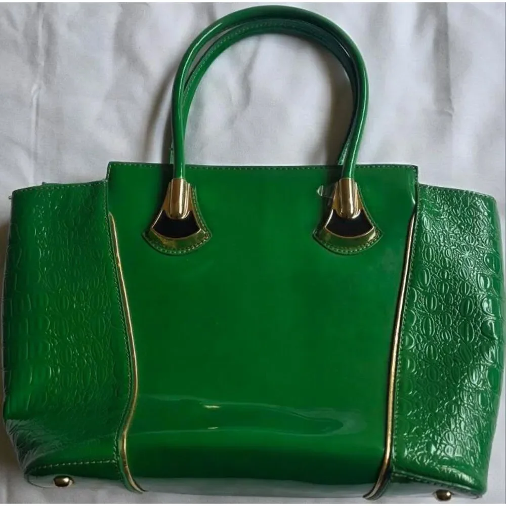 Emerald Green Patent Satchel Handbag Glossy Top Handle Bag Structured NWOT